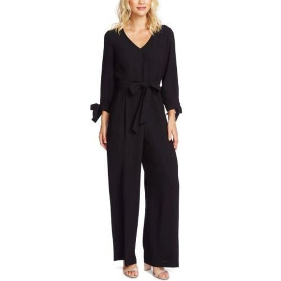CeCe Pants - CeCe Women's Jumpsuit V-Neck Tie Sleeves Wide Leg Black Crepe  - 18W